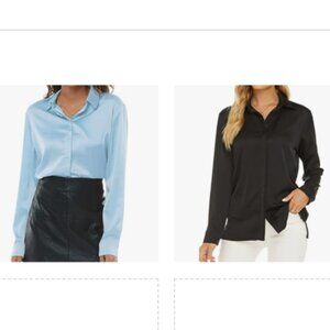 ESCALIER XL SILKY SATIN LONG SLEEVE BUTTON DOWN BLOUSE LOT OF 2 BLUE BLACK